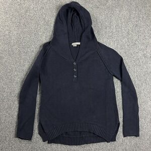 360 Sweater Womens XS Blue Knit Henley Hooded Pullover 100% Cotton